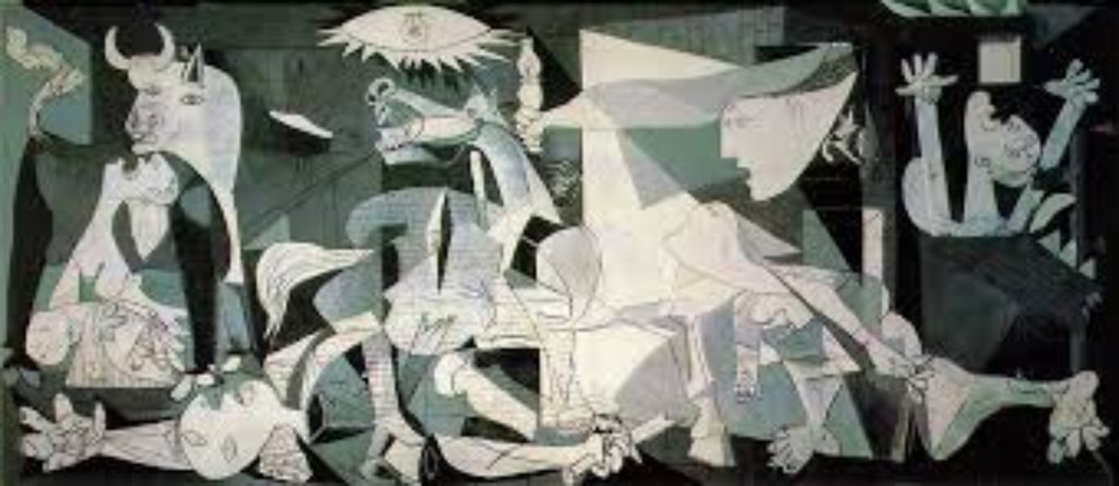 Guernica by Pablo Picasso, powerful Cubist anti-war painting depicting Spanish Civil War bombing, 1937


