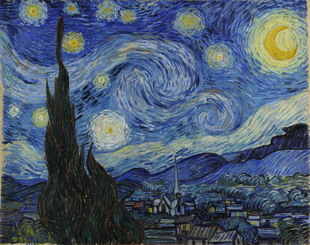 The Starry Night by Vincent van Gogh, iconic Post-Impressionist painting of swirling night sky over village, 1889

