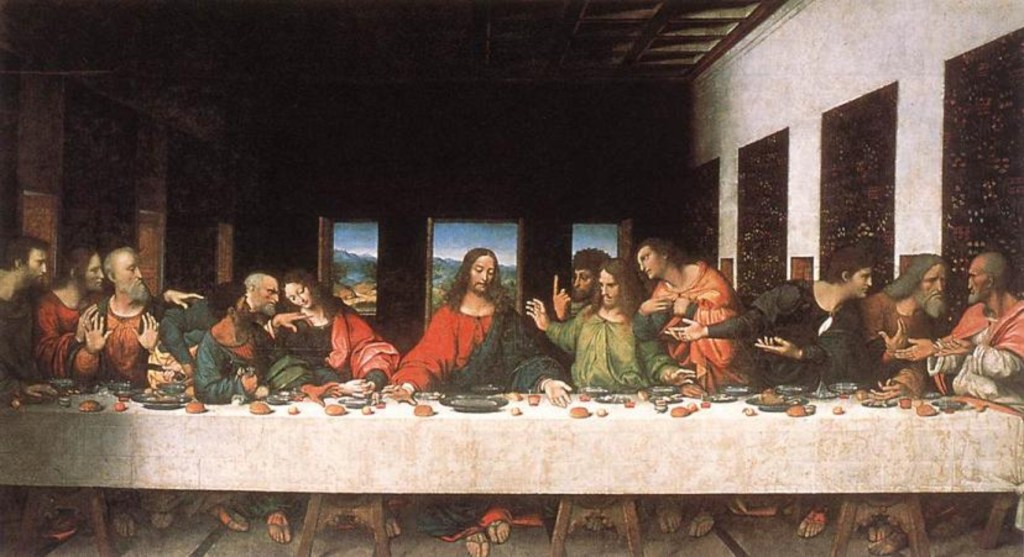 The Last Supper by Leonardo da Vinci, famous Renaissance mural depicting Jesus and apostles, 1495-1498

