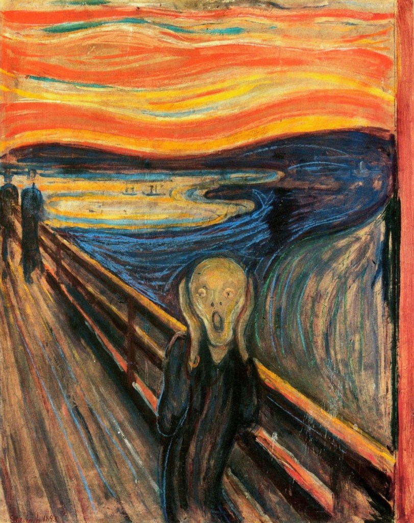 The Scream by Edvard Munch, famous Expressionist painting of figure with agonized face against blood-red sky, 1893

